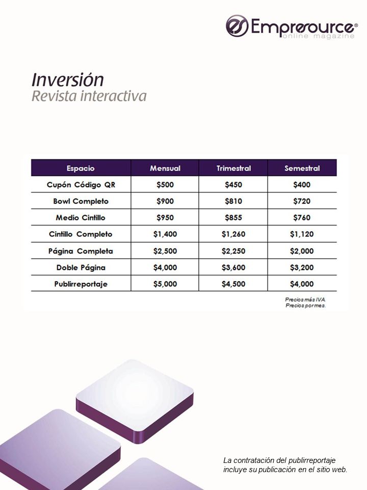 La contratación del publirreportaje incluye su publicación en el sitio web.