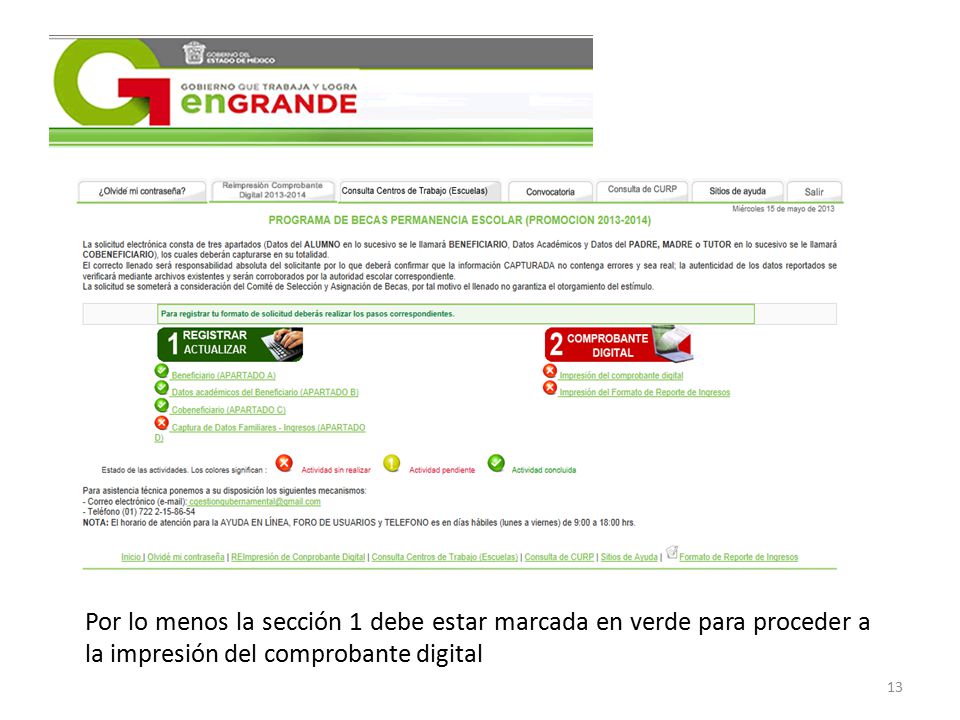 Por lo menos la sección 1 debe estar marcada en verde para proceder a la impresión del comprobante digital