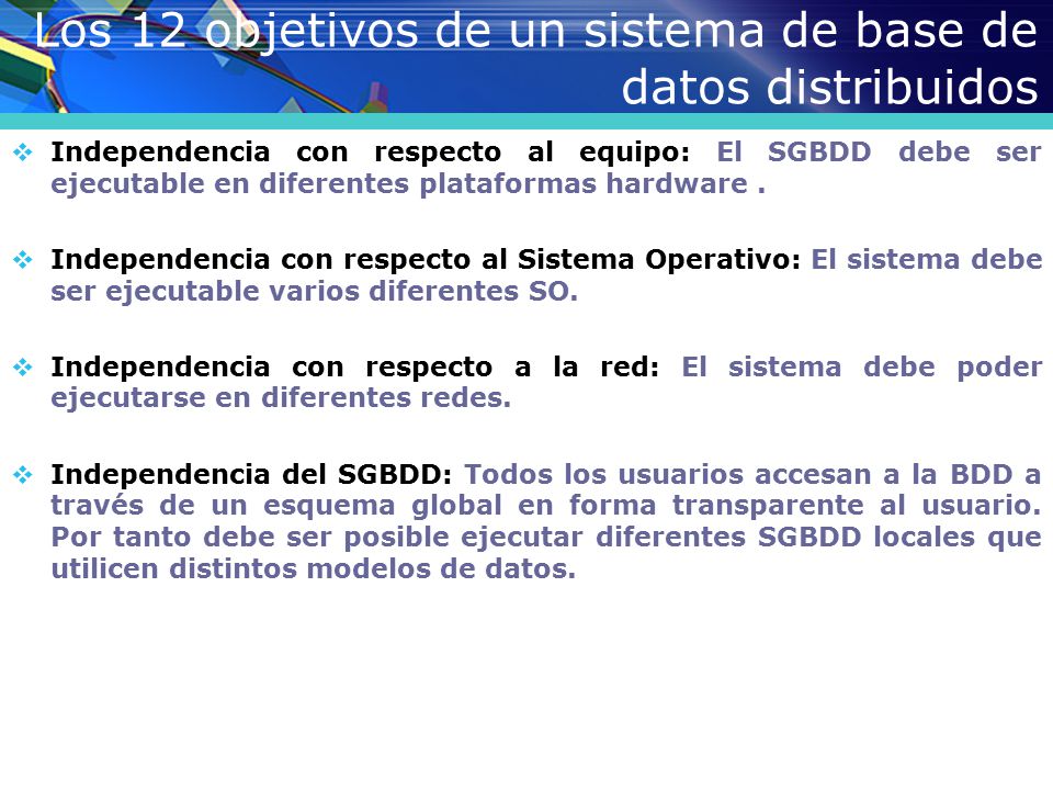 Los 12 objetivos de un sistema de base de datos distribuidos