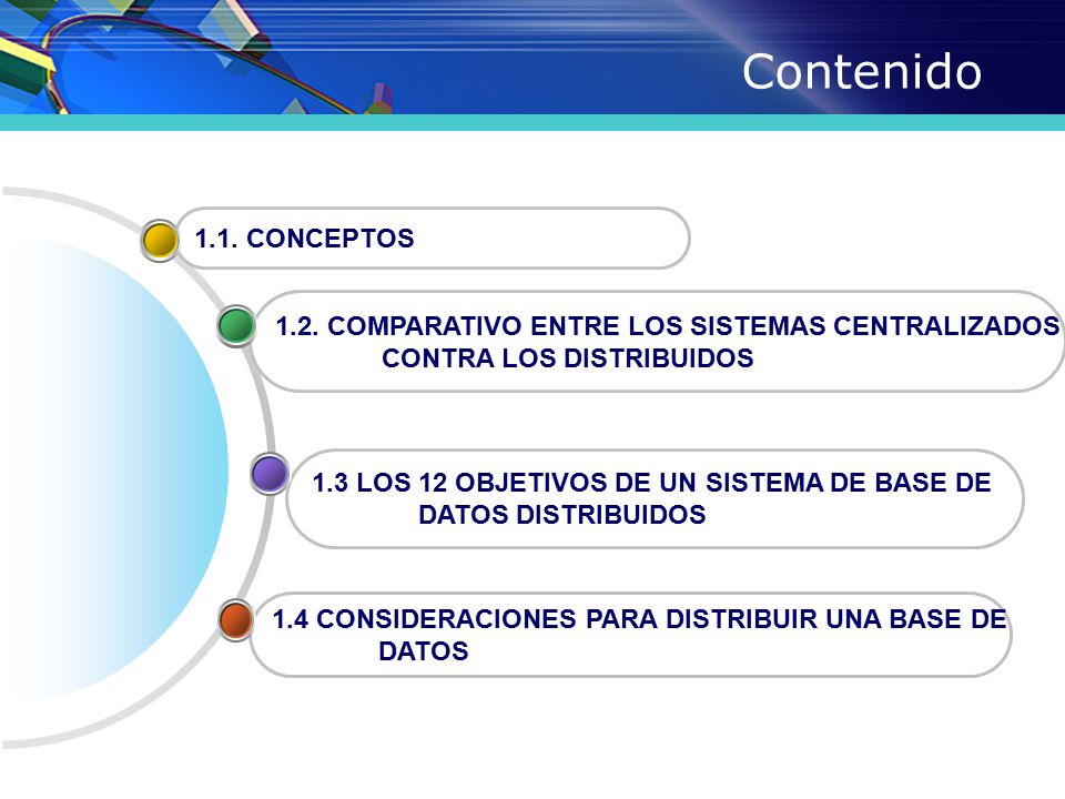 Contenido 1.1. CONCEPTOS COMPARATIVO ENTRE LOS SISTEMAS CENTRALIZADOS. CONTRA LOS DISTRIBUIDOS.
