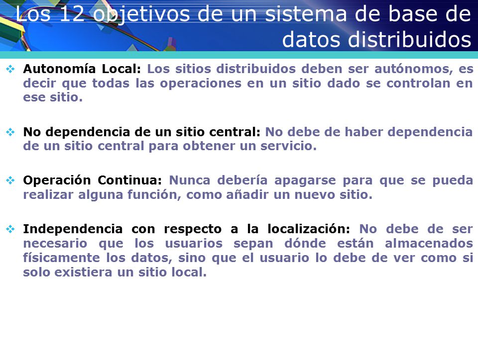 Los 12 objetivos de un sistema de base de datos distribuidos
