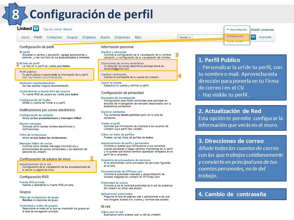 8 Configuración de perfil 1. Perfil Publico 2. Actualización de Red