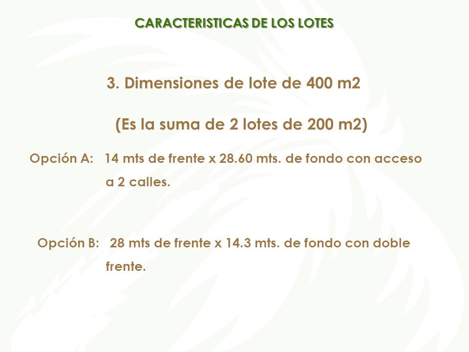 3. Dimensiones de lote de 400 m2 (Es la suma de 2 lotes de 200 m2)