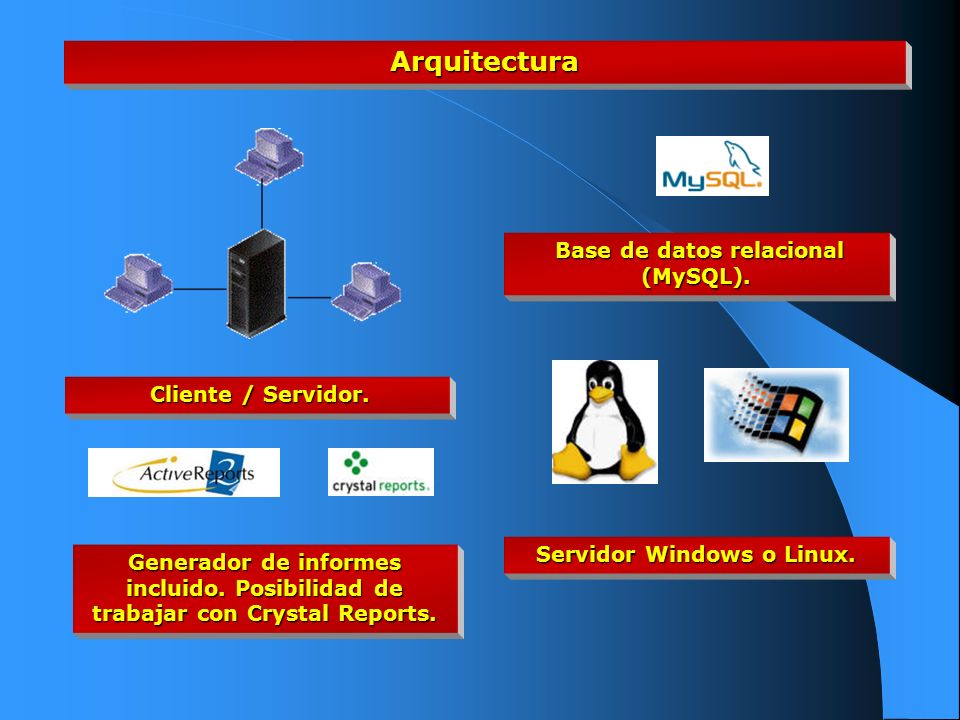 Base de datos relacional (MySQL). Servidor Windows o Linux.