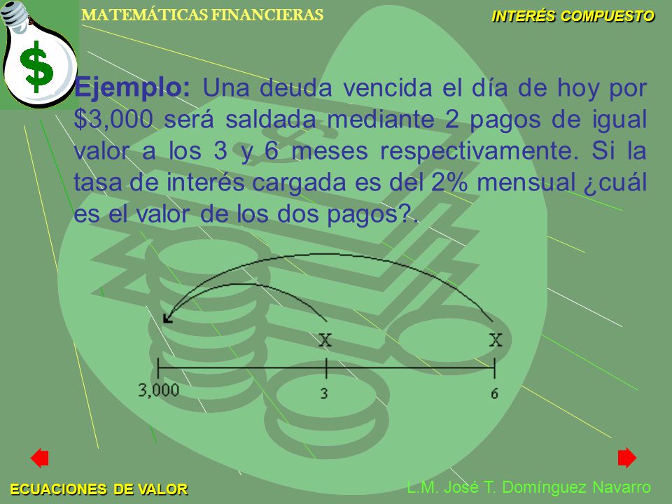 Ejemplo: Una deuda vencida el día de hoy por $3,000 será saldada mediante 2 pagos de igual valor a los 3 y 6 meses respectivamente.