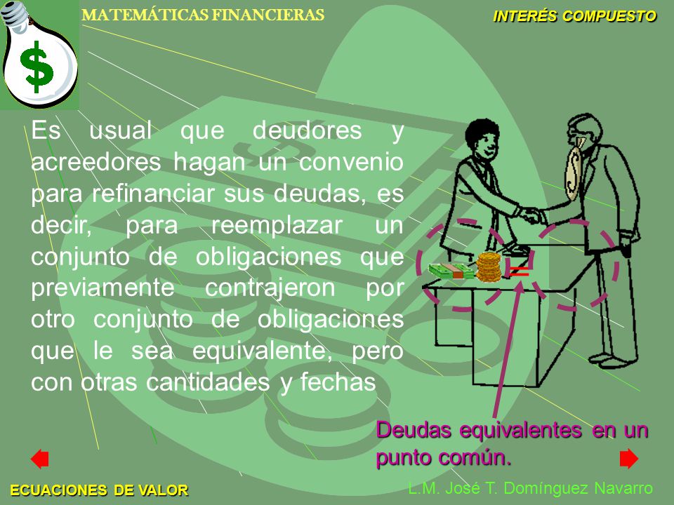 Es usual que deudores y acreedores hagan un convenio para refinanciar sus deudas, es decir, para reemplazar un conjunto de obligaciones que previamente contrajeron por otro conjunto de obligaciones que le sea equivalente, pero con otras cantidades y fechas