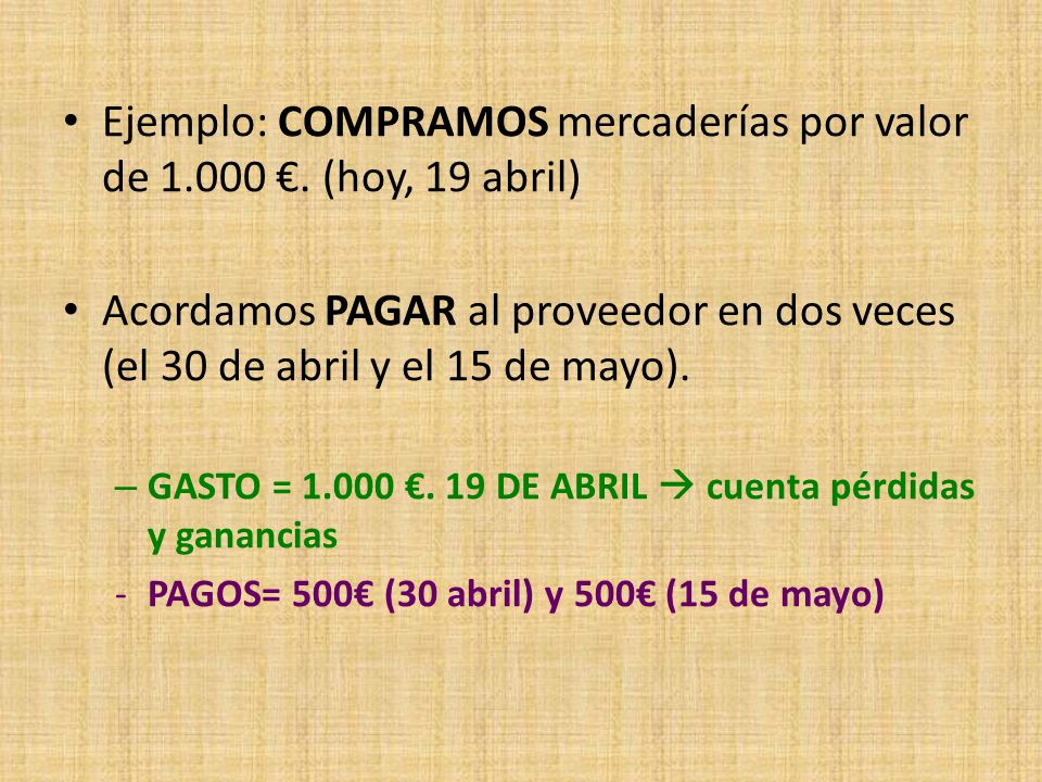 Ejemplo: COMPRAMOS mercaderías por valor de €. (hoy, 19 abril)