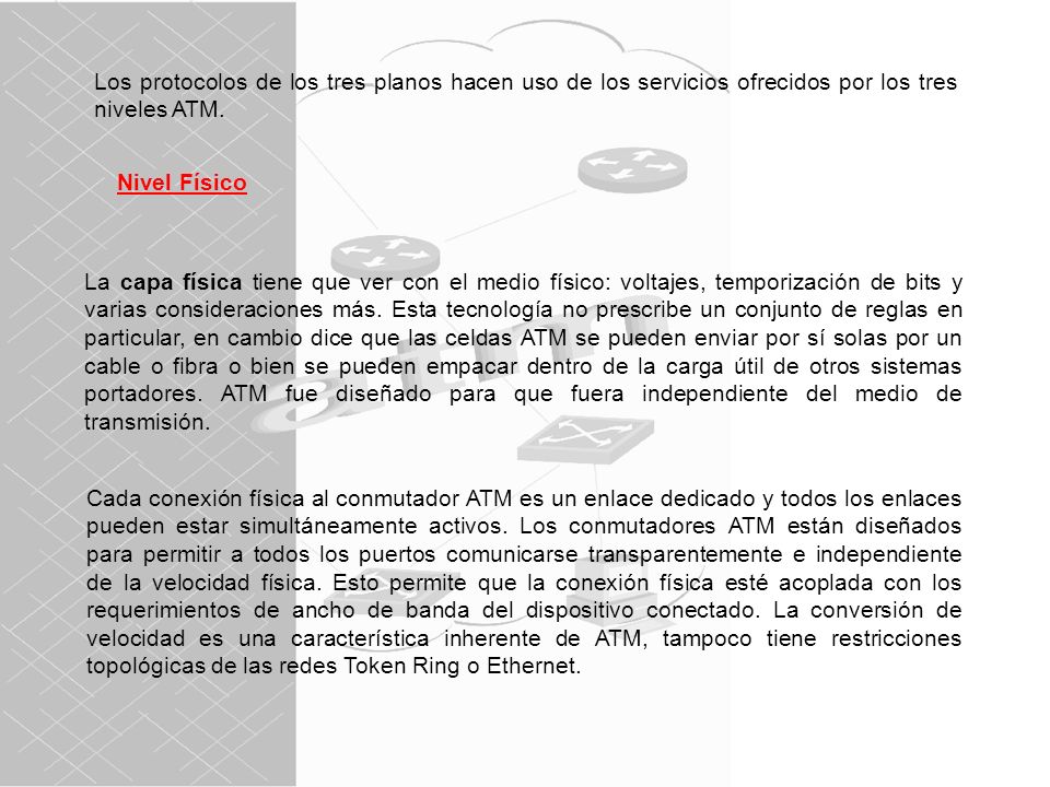 Los protocolos de los tres planos hacen uso de los servicios ofrecidos por los tres niveles ATM.