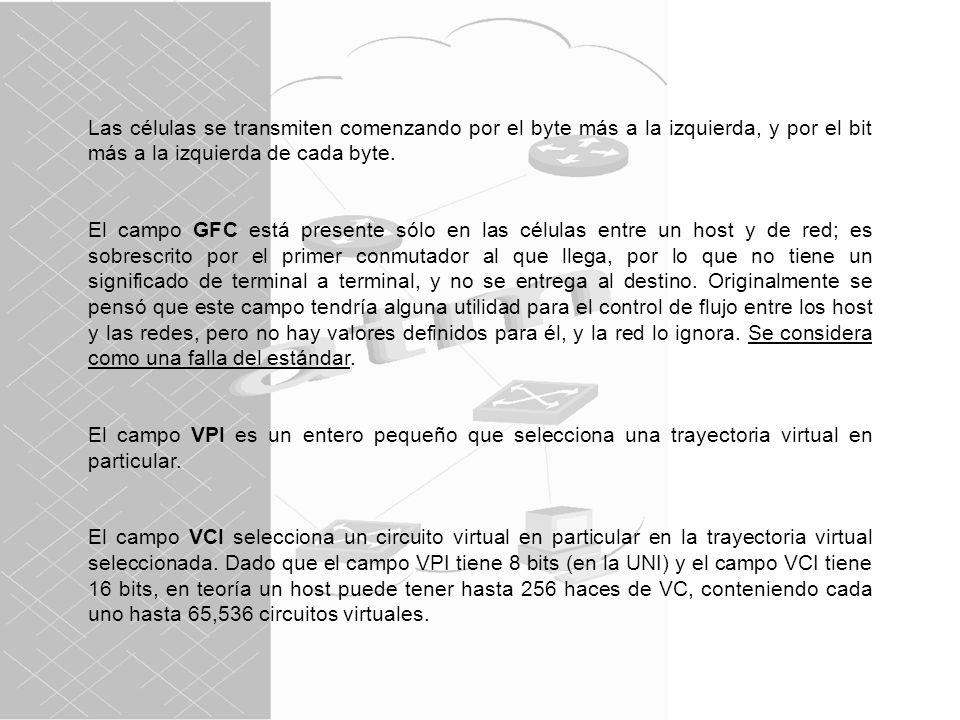 Las células se transmiten comenzando por el byte más a la izquierda, y por el bit más a la izquierda de cada byte.
