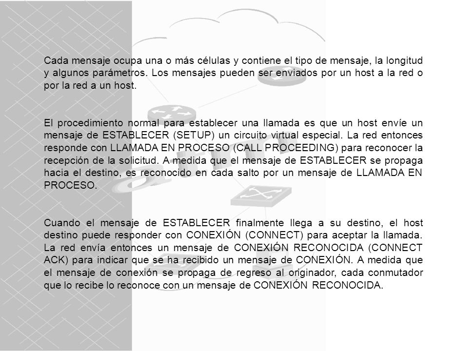 Cada mensaje ocupa una o más células y contiene el tipo de mensaje, la longitud y algunos parámetros. Los mensajes pueden ser enviados por un host a la red o por la red a un host.