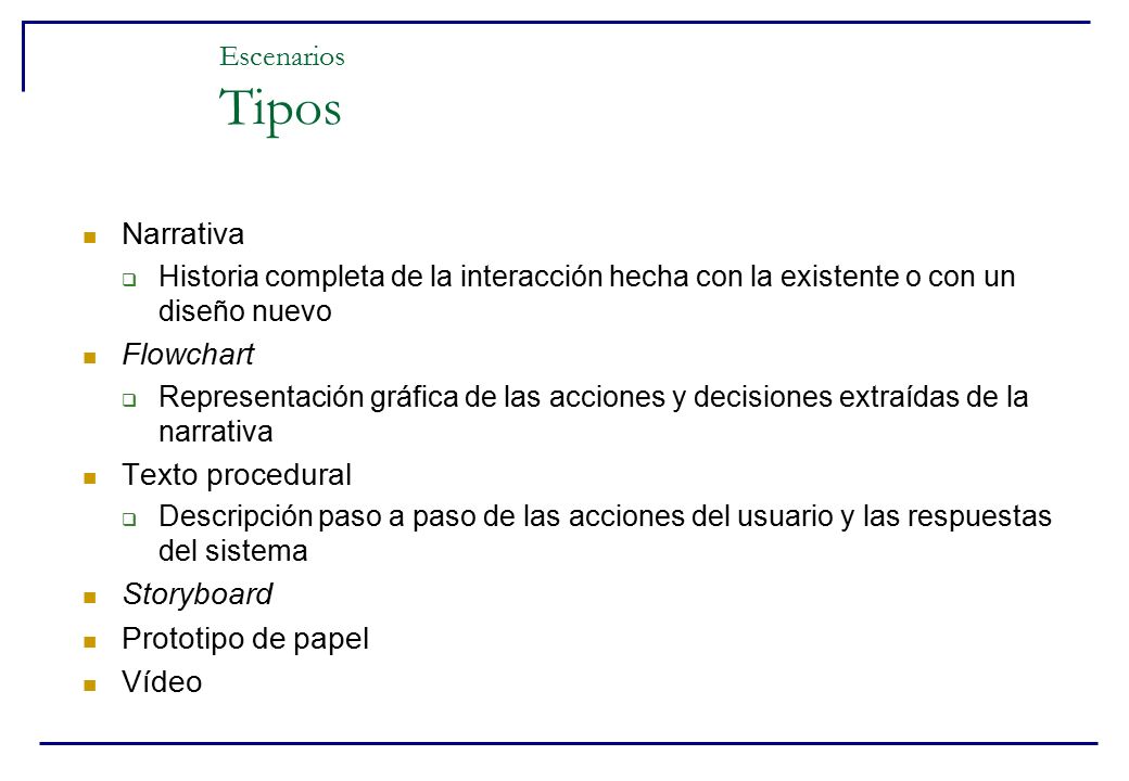 Escenarios Tipos Narrativa Flowchart Texto procedural Storyboard