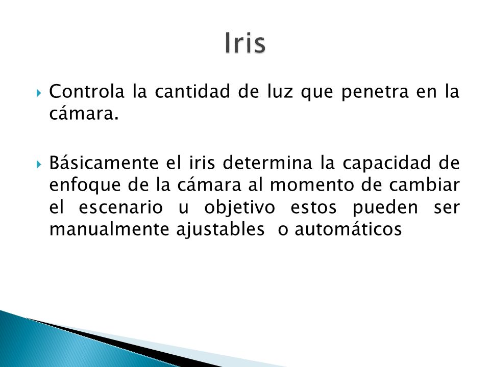 Iris Controla la cantidad de luz que penetra en la cámara.