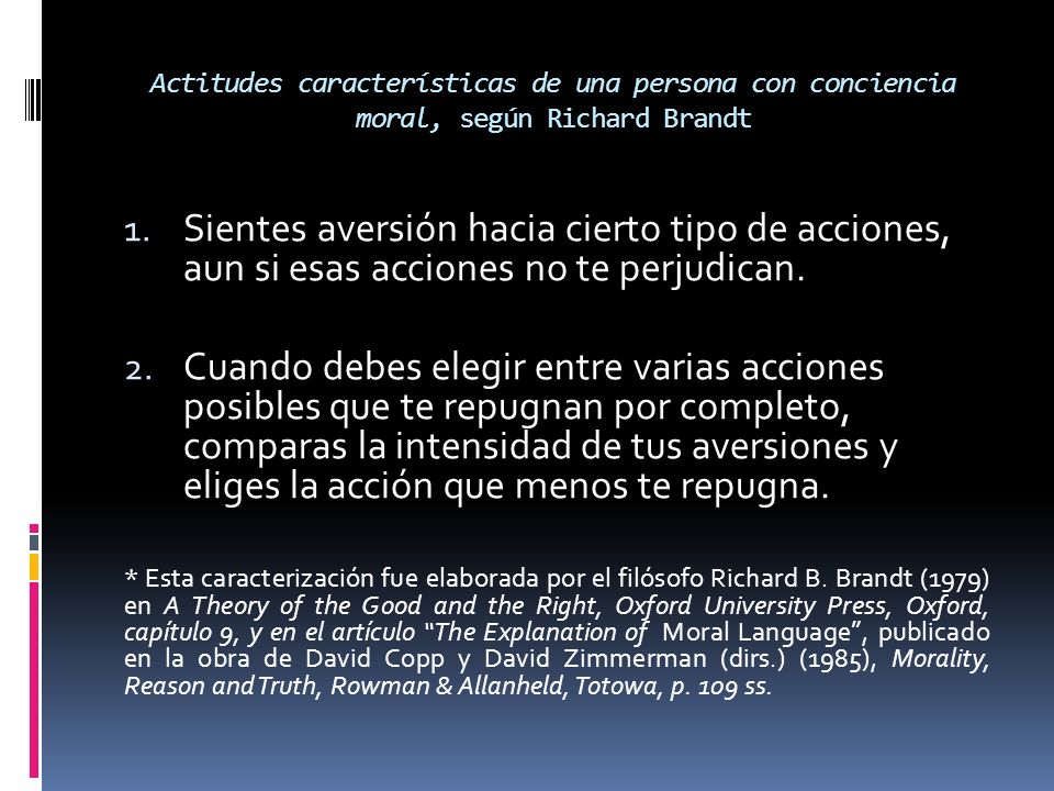 Actitudes características de una persona con conciencia moral, según Richard Brandt