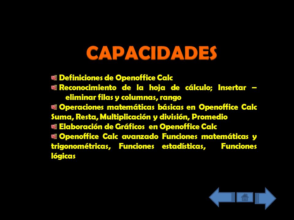 CAPACIDADES Definiciones de Openoffice Calc. Reconocimiento de la hoja de cálculo; Insertar – eliminar filas y columnas, rango.