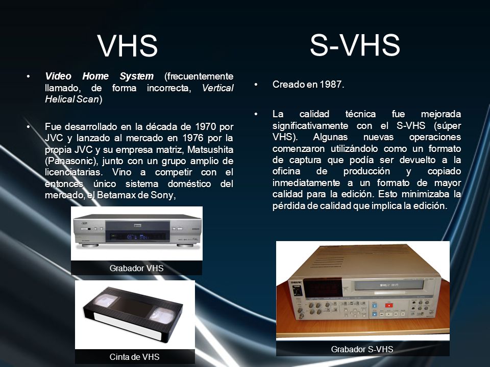 VHS S-VHS. Video Home System (frecuentemente llamado, de forma incorrecta, Vertical Helical Scan)