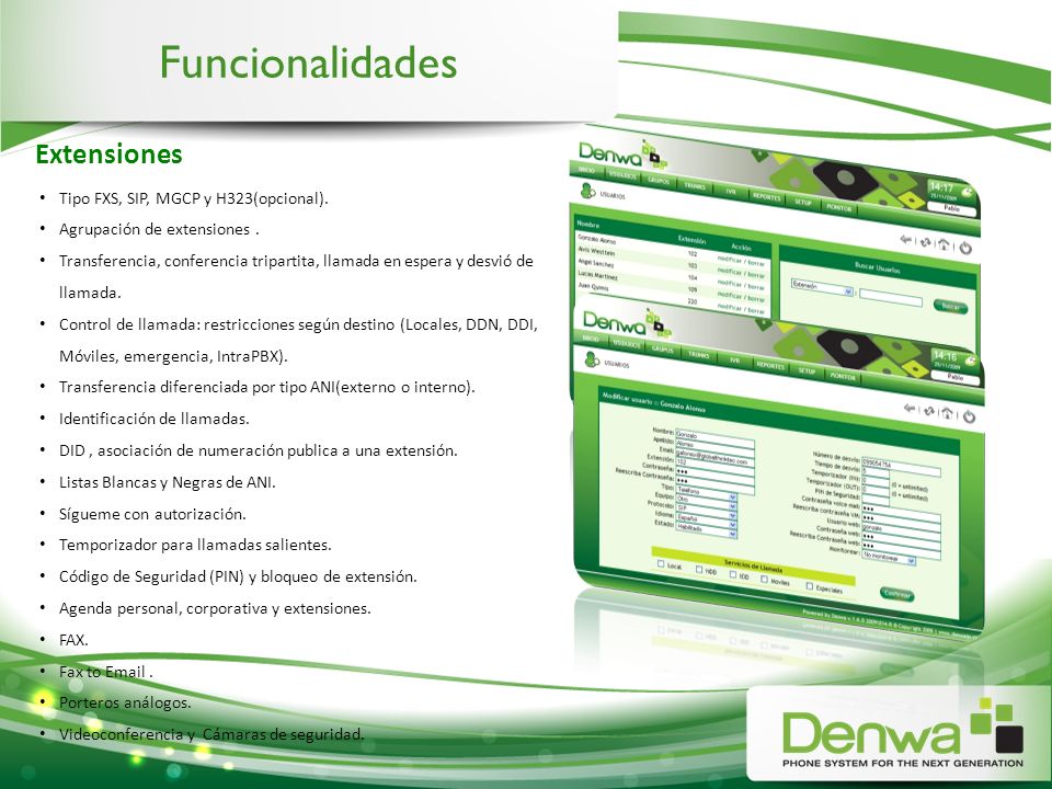 Funcionalidades Extensiones Tipo FXS, SIP, MGCP y H323(opcional).