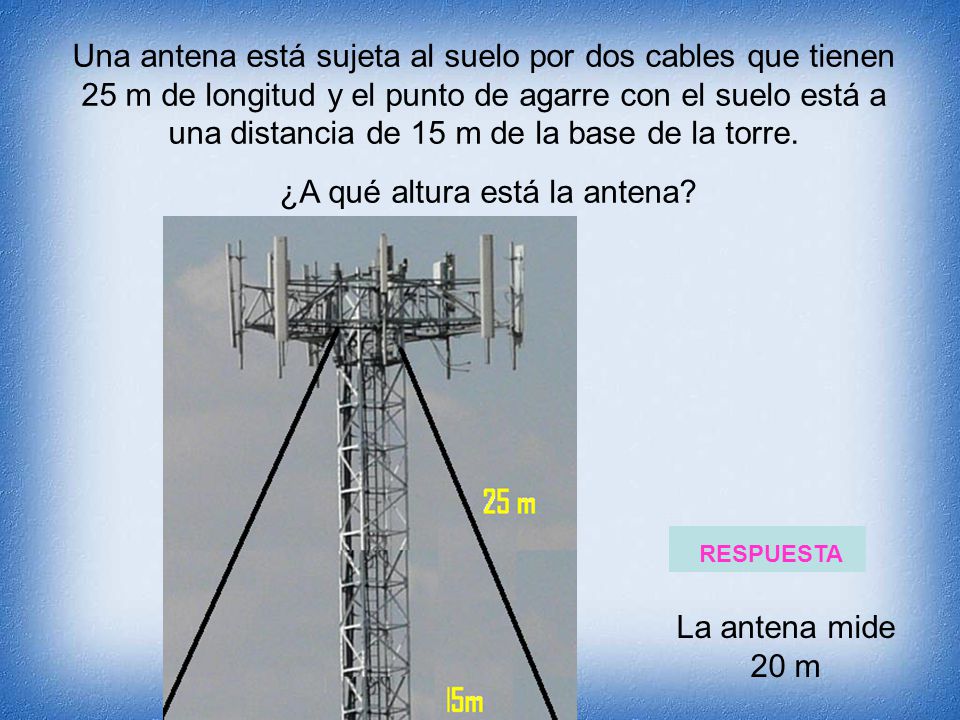 Una antena está sujeta al suelo por dos cables que tienen 25 m de longitud y el punto de agarre con el suelo está a una distancia de 15 m de la base de la torre. ¿A qué altura está la antena