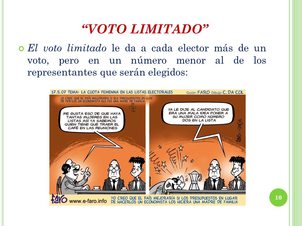 VOTO LIMITADO El voto limitado le da a cada elector más de un voto, pero en un número menor al de los representantes que serán elegidos: