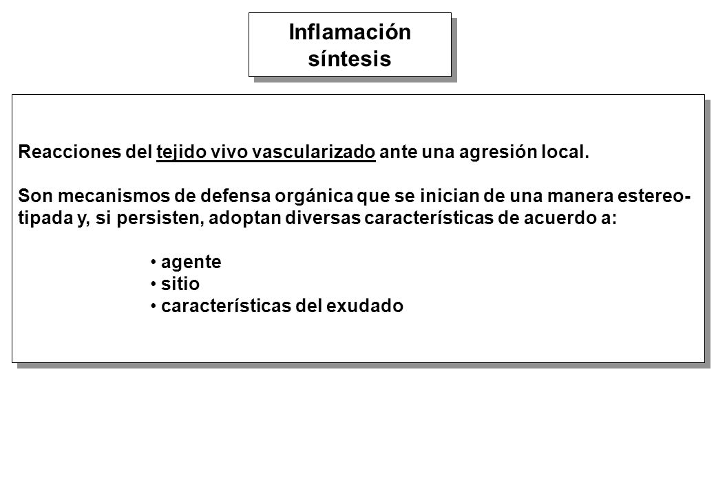 Inflamación síntesis. Reacciones del tejido vivo vascularizado ante una agresión local.