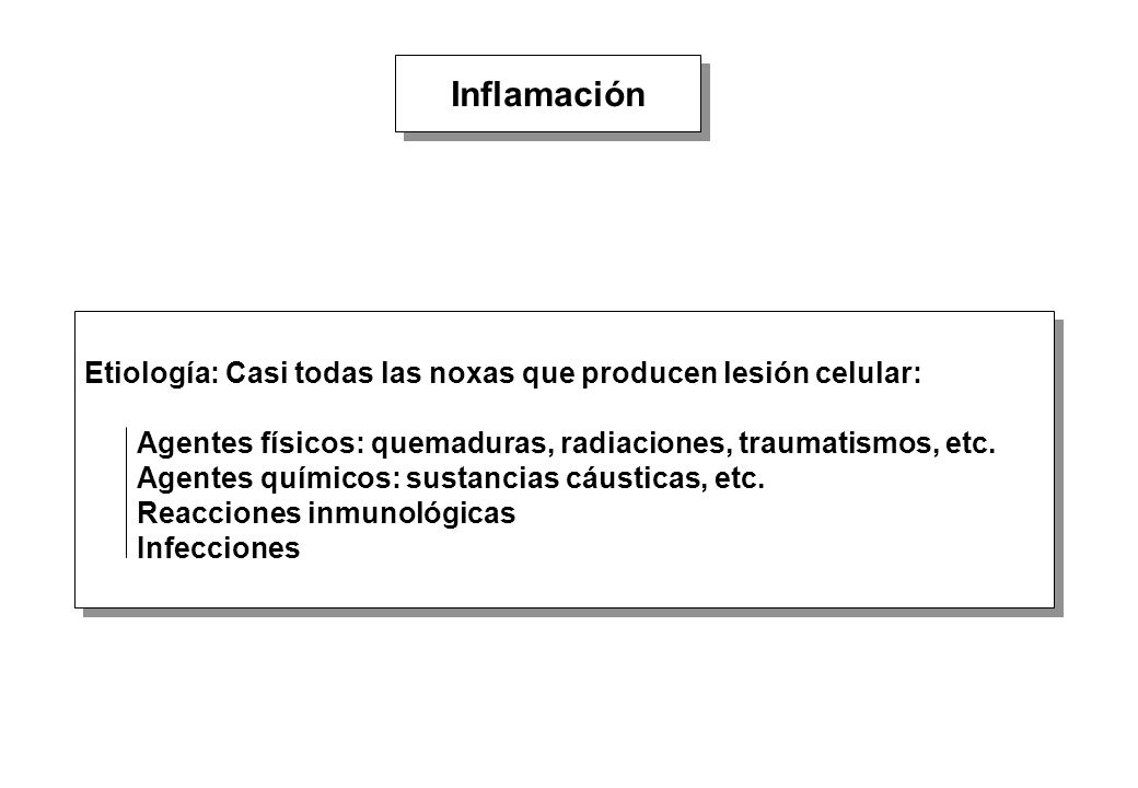 Inflamación Etiología: Casi todas las noxas que producen lesión celular: Agentes físicos: quemaduras, radiaciones, traumatismos, etc.