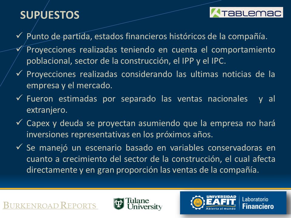 SUPUESTOS Punto de partida, estados financieros históricos de la compañía.