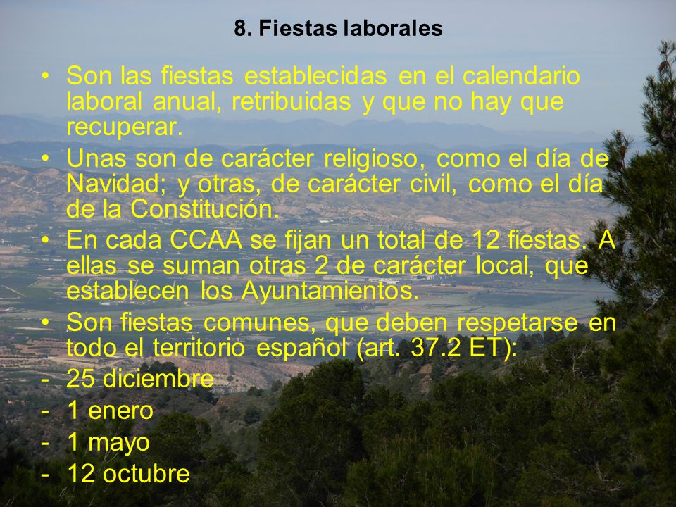 8. Fiestas laborales Son las fiestas establecidas en el calendario laboral anual, retribuidas y que no hay que recuperar.
