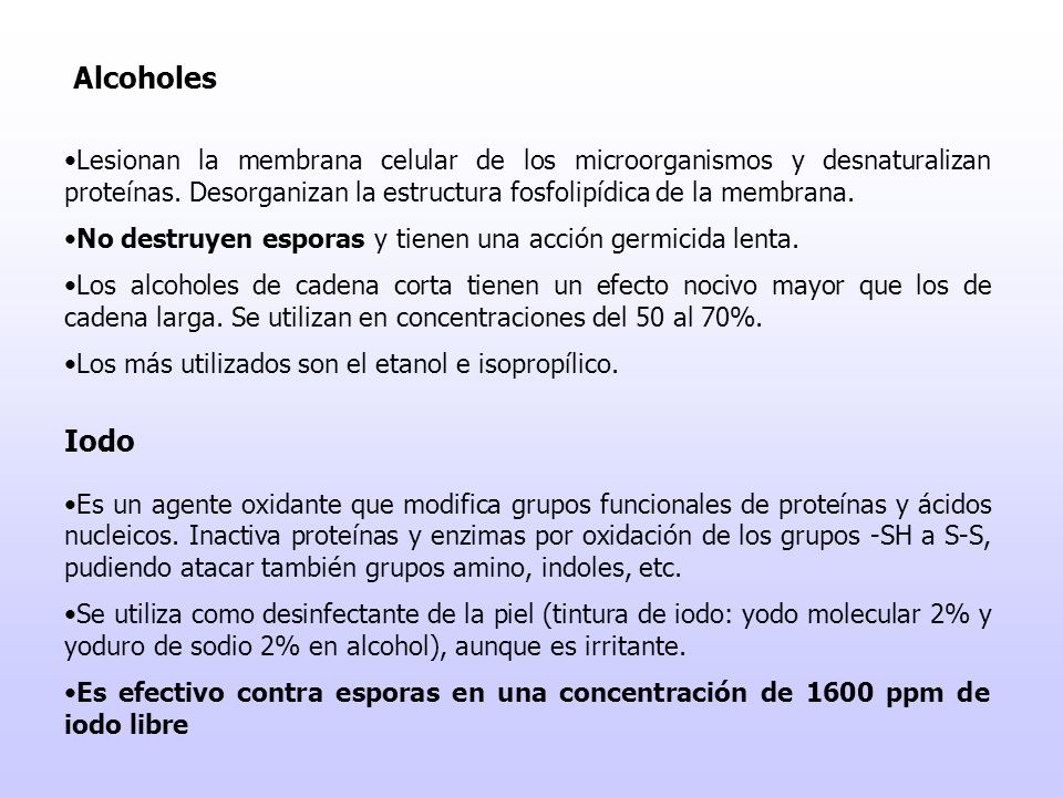 Lesionan la membrana celular de los microorganismos y desnaturalizan proteínas. Desorganizan la estructura fosfolipídica de la membrana.