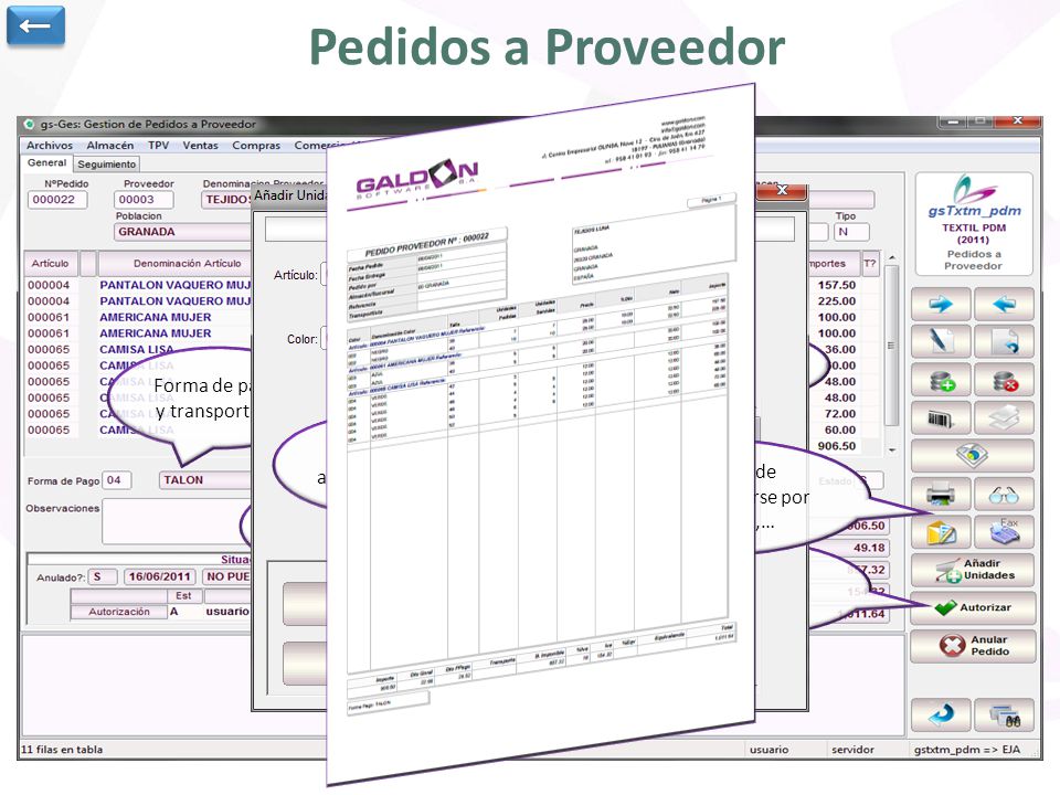 Pedidos a Proveedor ← Se indican las unidades a pedir por talla.