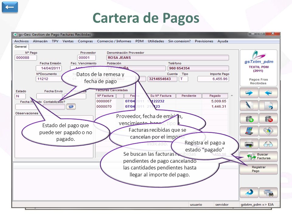 Cartera de Pagos ← Datos de la remesa y fecha de pago