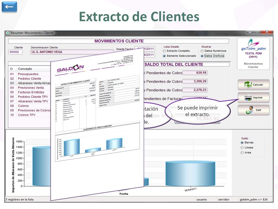 ← Extracto de Clientes. El detalle se puede mostrar numérica o gráficamente. Se indica el cliente y el rango de fechas para obtener el extracto.