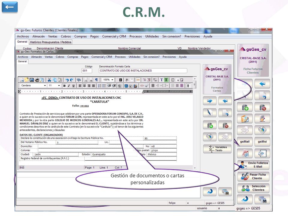 ← C.R.M. Posibilidad de trabajo con gsMail, mensajería interna, utilización de agenda gsBase, envío de documentación publicitaria, envío mails…
