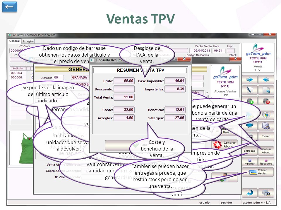 ← Ventas TPV. Dado un código de barras se obtienen los datos del artículo y el precio de venta. Desglose de I.V.A. de la venta.