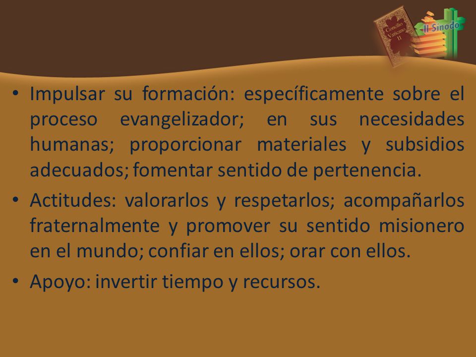 Impulsar su formación: específicamente sobre el proceso evangelizador; en sus necesidades humanas; proporcionar materiales y subsidios adecuados; fomentar sentido de pertenencia.