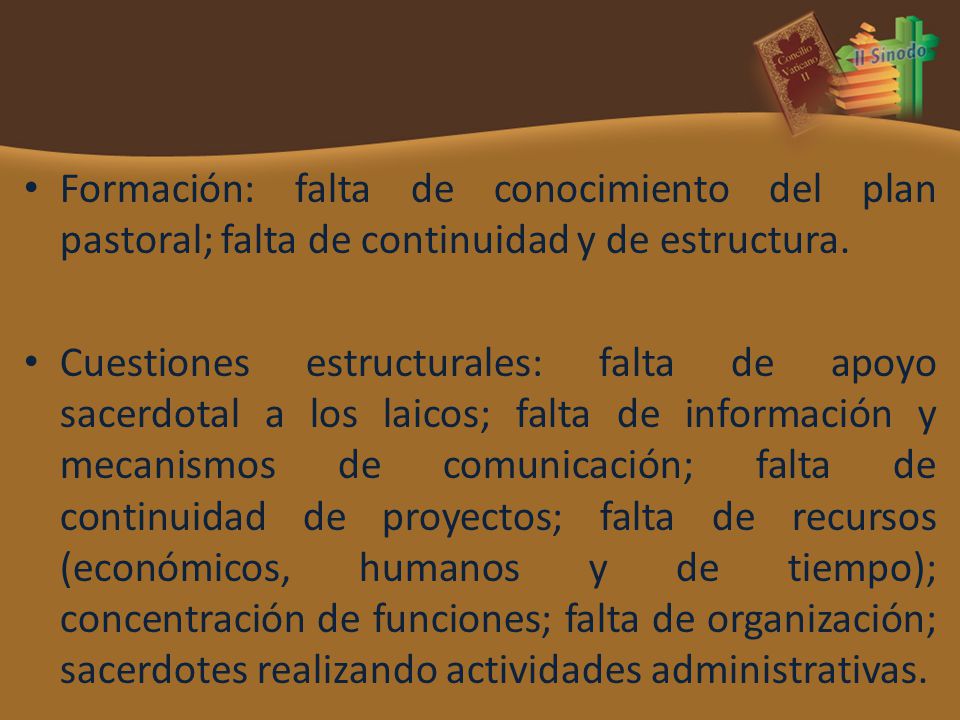 Formación: falta de conocimiento del plan pastoral; falta de continuidad y de estructura.