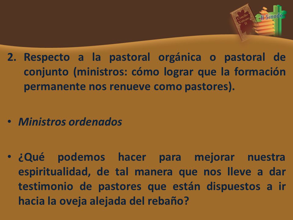 Respecto a la pastoral orgánica o pastoral de conjunto (ministros: cómo lograr que la formación permanente nos renueve como pastores).