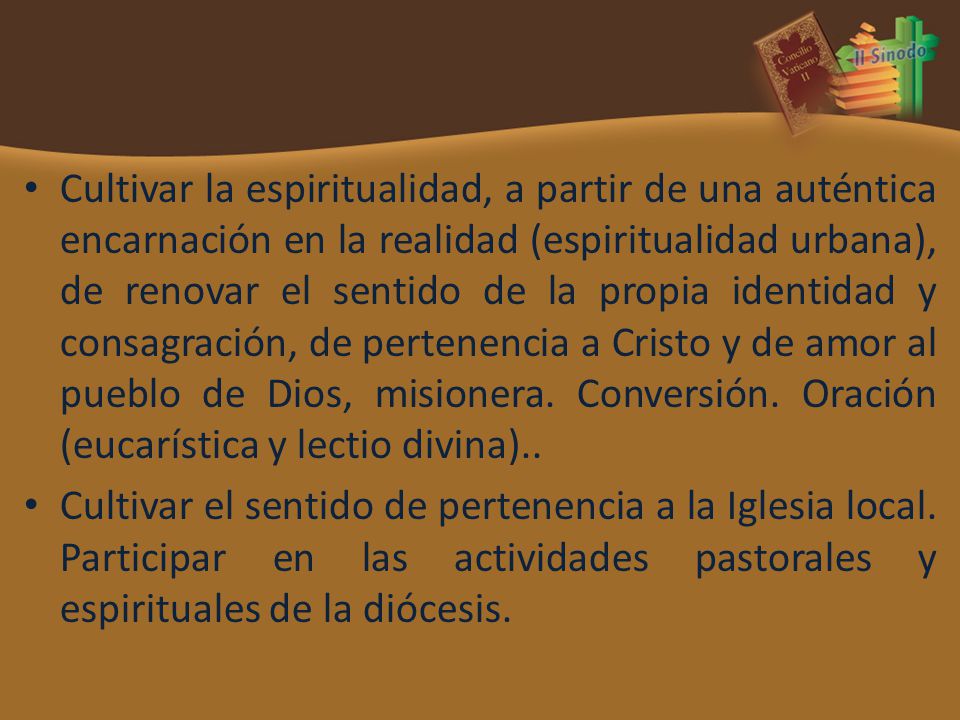 Cultivar la espiritualidad, a partir de una auténtica encarnación en la realidad (espiritualidad urbana), de renovar el sentido de la propia identidad y consagración, de pertenencia a Cristo y de amor al pueblo de Dios, misionera. Conversión. Oración (eucarística y lectio divina)..