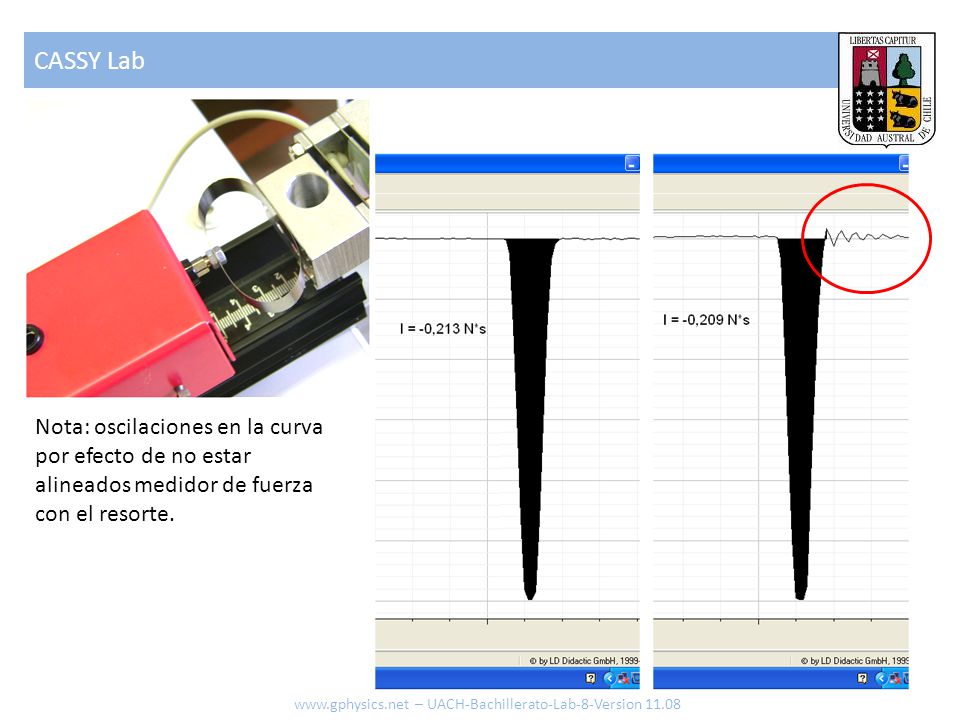 CASSY Lab Nota: oscilaciones en la curva por efecto de no estar alineados medidor de fuerza con el resorte.