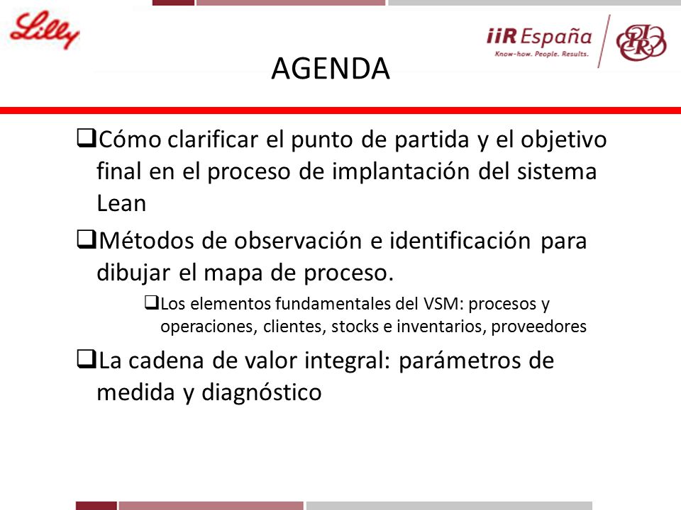 AGENDA Cómo clarificar el punto de partida y el objetivo final en el proceso de implantación del sistema Lean.
