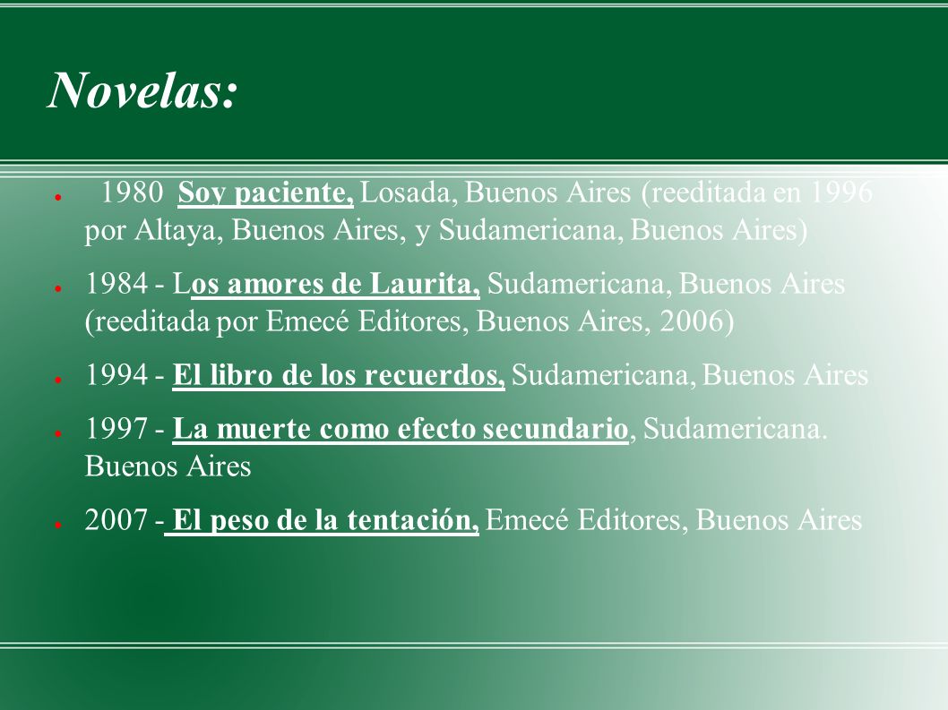 Novelas: 1980 Soy paciente, Losada, Buenos Aires (reeditada en 1996 por Altaya, Buenos Aires, y Sudamericana, Buenos Aires)