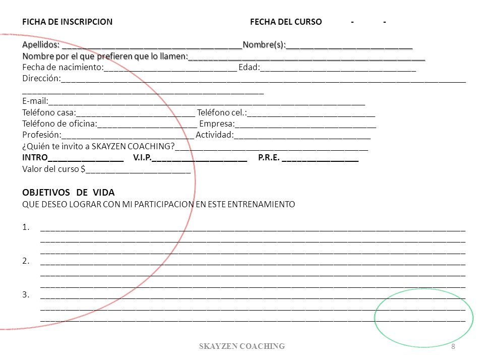 OBJETIVOS DE VIDA FICHA DE INSCRIPCION FECHA DEL CURSO - -
