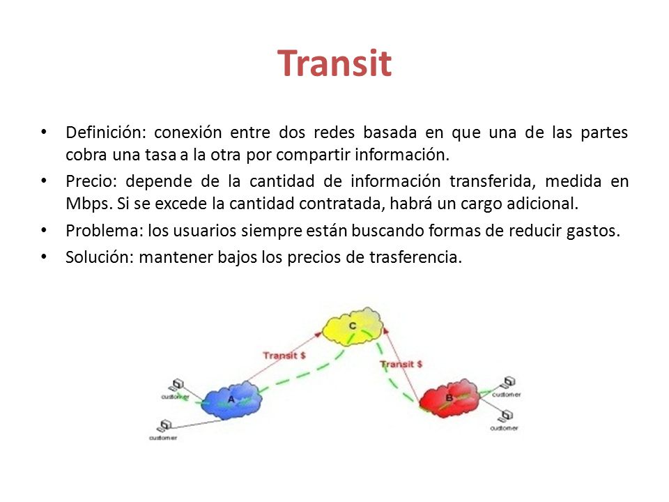 Transit Definición: conexión entre dos redes basada en que una de las partes cobra una tasa a la otra por compartir información.