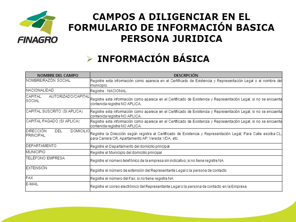 CAMPOS A DILIGENCIAR EN EL FORMULARIO DE INFORMACIÓN BASICA PERSONA JURIDICA