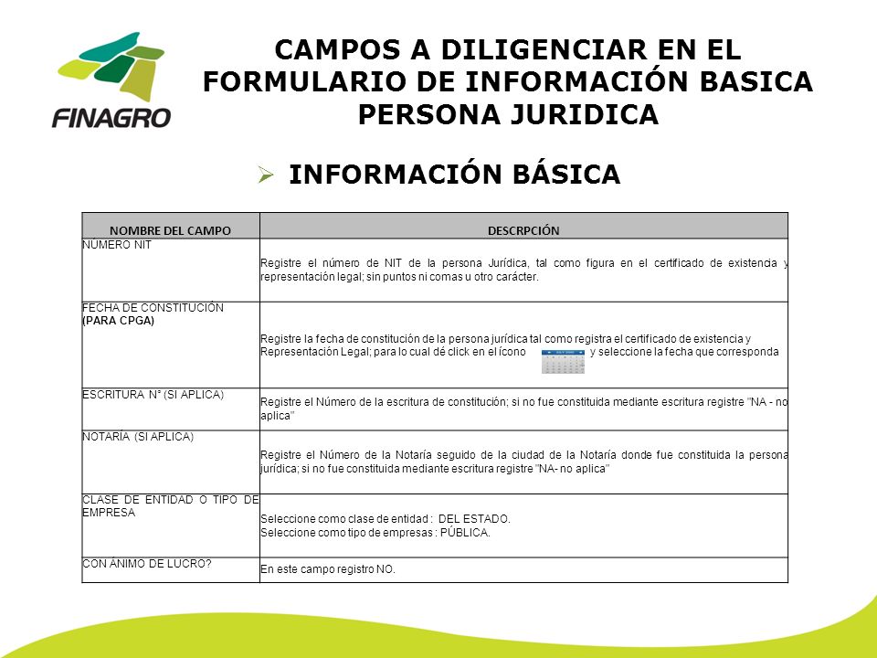 CAMPOS A DILIGENCIAR EN EL FORMULARIO DE INFORMACIÓN BASICA PERSONA JURIDICA