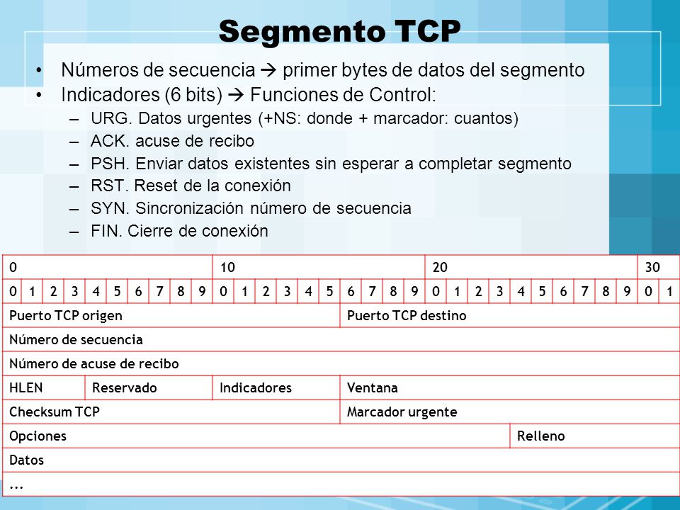 Segmento TCP Números de secuencia  primer bytes de datos del segmento