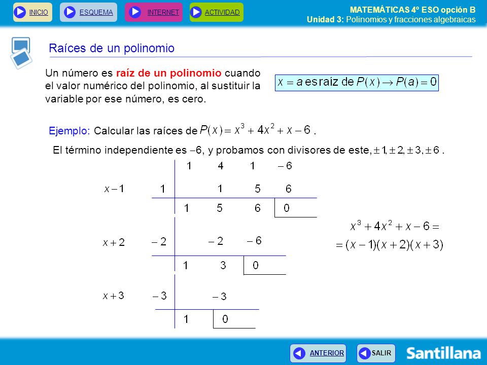 Raíces de un polinomio Un número es raíz de un polinomio cuando el valor numérico del polinomio, al sustituir la variable por ese número, es cero.