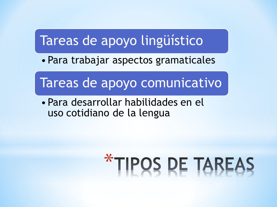 TIPOS DE TAREAS Tareas de apoyo lingüístico