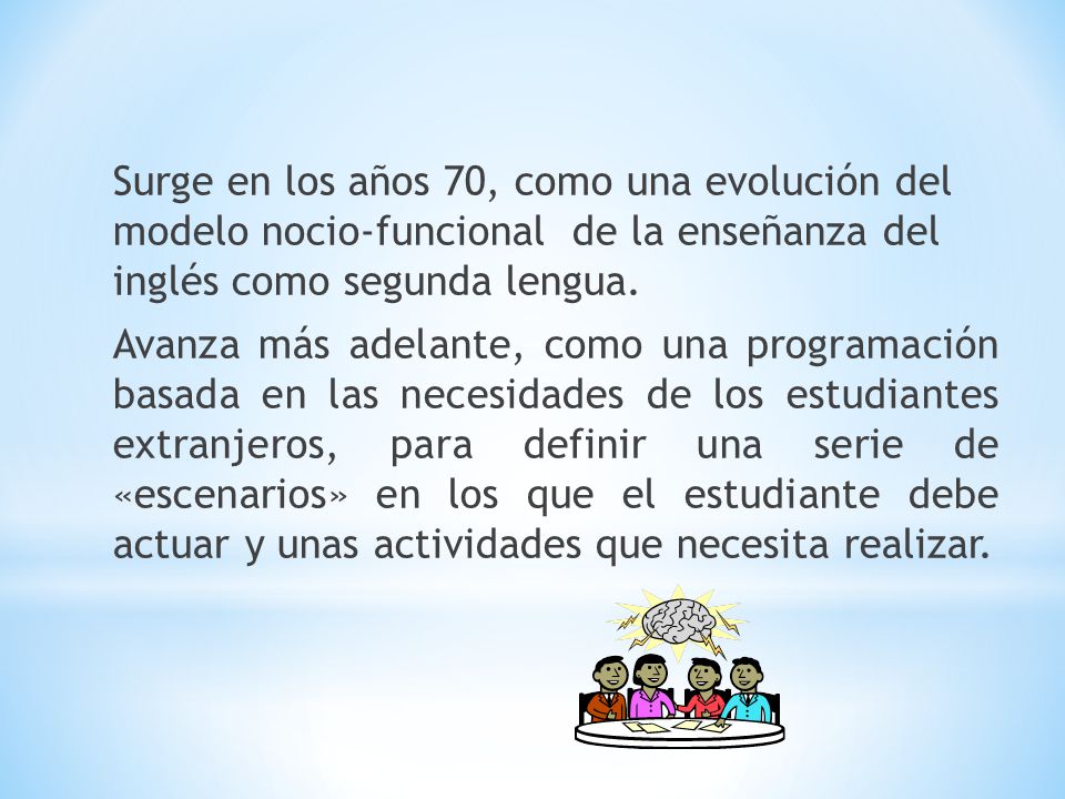 Surge en los años 70, como una evolución del modelo nocio-funcional de la enseñanza del inglés como segunda lengua.