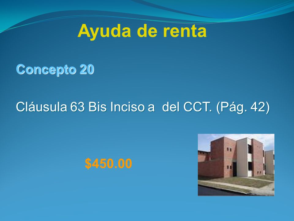Ayuda de renta Concepto 20 Cláusula 63 Bis Inciso a del CCT. (Pág. 42) $450.00