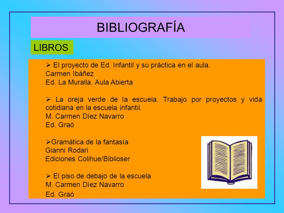 BIBLIOGRAFÍA LIBROS.  El proyecto de Ed. Infantil y su práctica en el aula. Carmen Ibáñez. Ed. La Muralla. Aula Abierta.