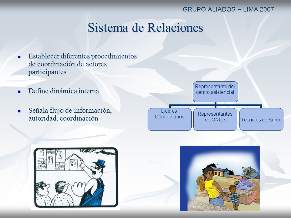GRUPO ALIADOS – LIMA 2007 Sistema de Relaciones. Establecer diferentes procedimientos de coordinación de actores participantes.